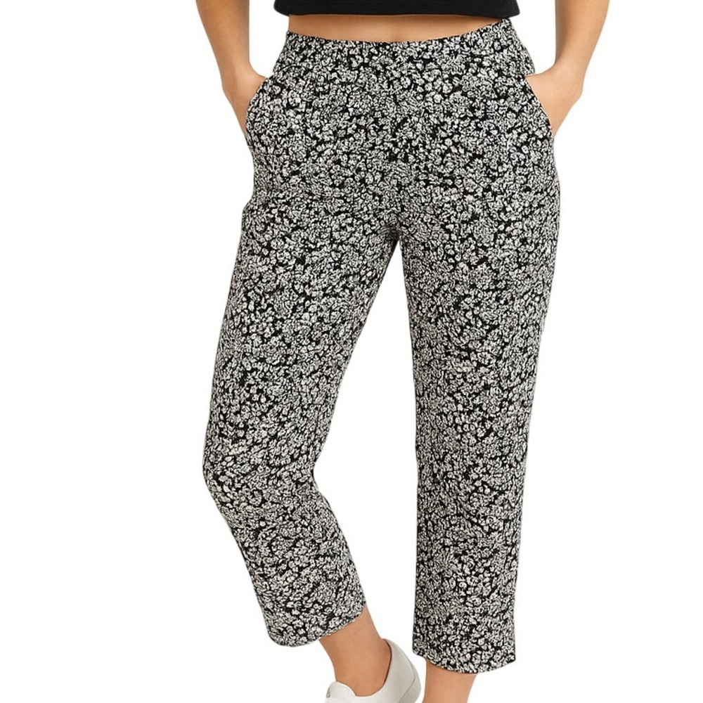 25 Womens Pants Size XS  Lands End‎ Black White Floral Cotton Pull-On Cropped